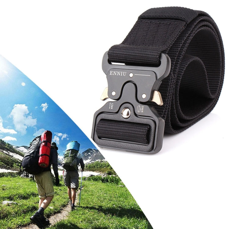 Outdoor tactical nylon belt with black webbing and black quick-release buckle