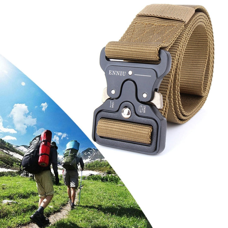 Outdoor tactical nylon belt with tan webbing and black quick-release buckle