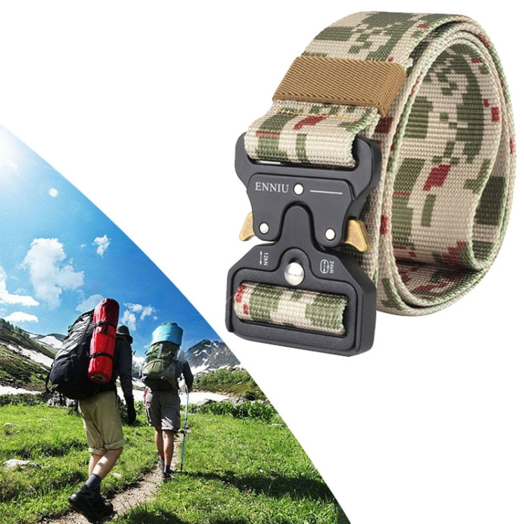 Outdoor tactical nylon belt with green camo webbing and black quick-release buckle