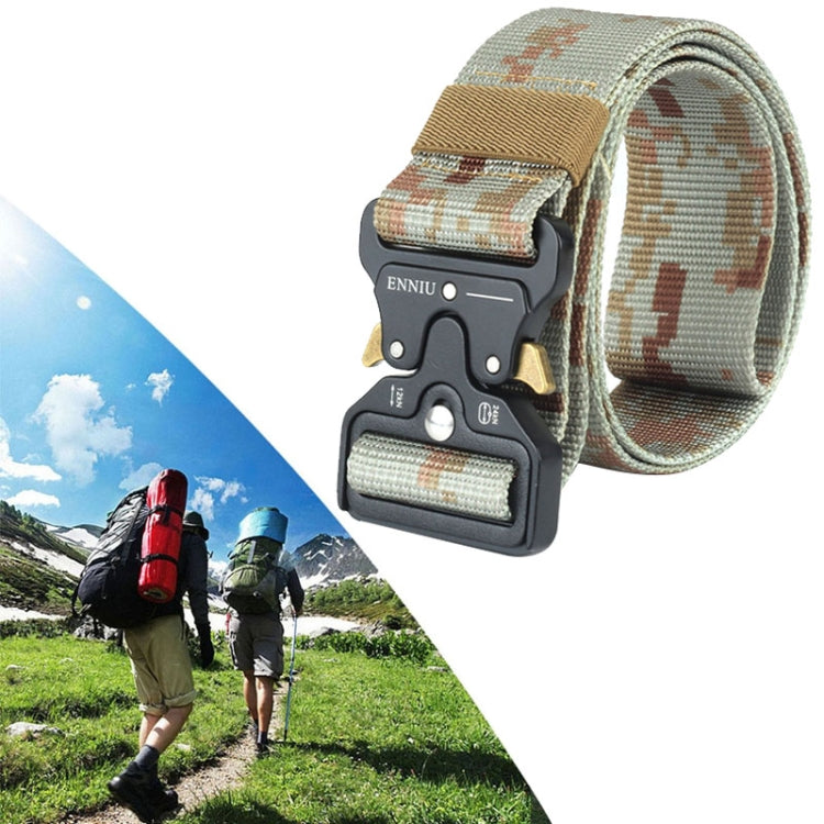 Outdoor tactical nylon belt with light camo webbing and black quick-release buckle