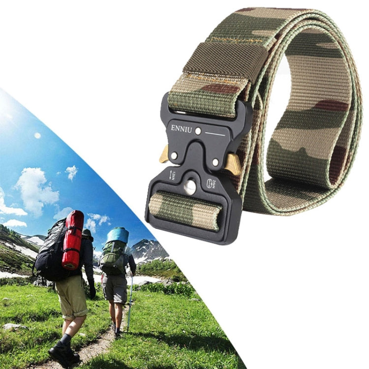 Outdoor tactical nylon belt with desert camo webbing and black quick-release buckle