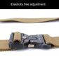 Tactical nylon belt with tan webbing and black buckle, showing adjustable strap edge