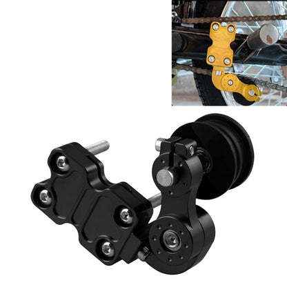 Black aluminum chain adjuster with mounting bracket and round roller, universal motorcycle fit