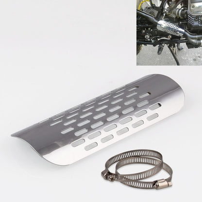 Motorcycle exhaust heat shield, silver perforated vent plate with mounting clamps