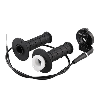 Black 22mm motorcycle throttle grips with cable and handlebar clamp, rubber textured ends