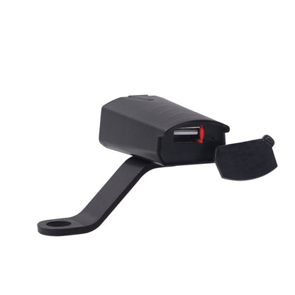 Black waterproof motorcycle USB charger adapter with red indicator, single port and mount arm