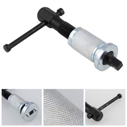Brake caliper piston adjustment tool with black T-handle and silver textured body