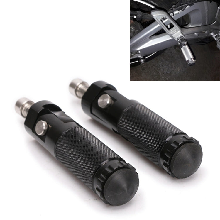 Black folding motorcycle footrests set with textured grips and mounting bolts, 8mm