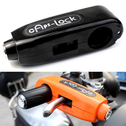 Black motorcycle handlebar anti-theft brake lock with key cylinder and logo panel
