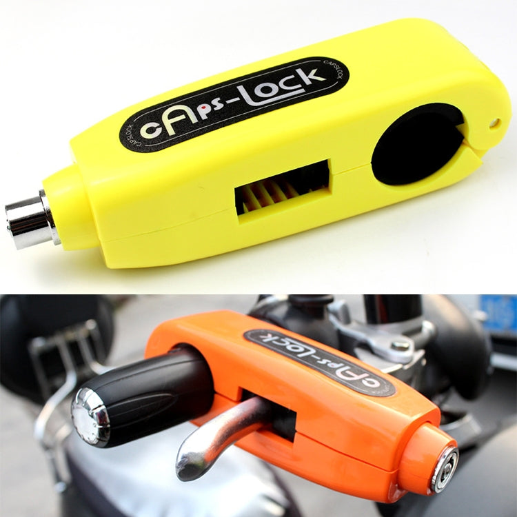 Yellow motorcycle throttle anti-theft brake lock with key slot and circular grip opening