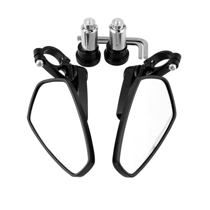 Universal motorcycle side rearview mirror set with black frames and clear glass