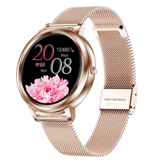 Gold mesh strap smart watch with round color display and pink flower wallpaper
