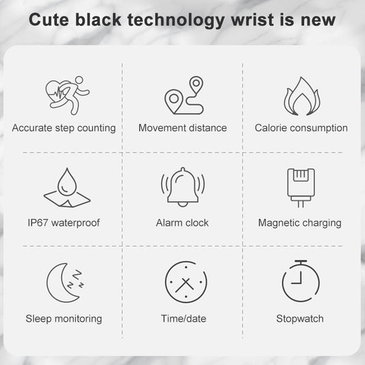 Smart watch feature icons panel with step counting, sleep monitoring, and stopwatch