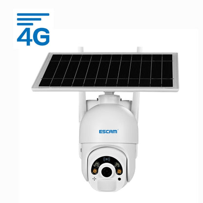ESCAM solar powered 4G IP security camera with black solar panel and white housing