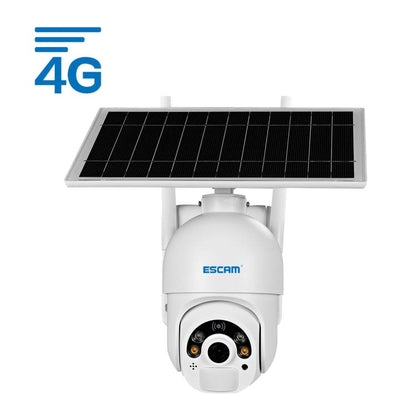 White solar powered IP security camera with rotating PTZ head and built-in IR LEDs