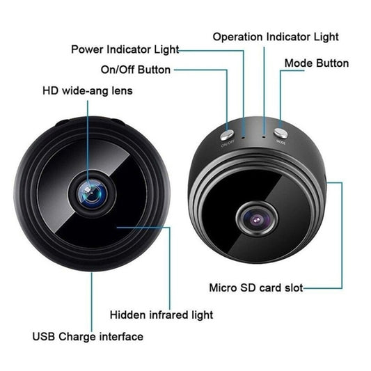 Black dome security camera showing lens, indicator lights, USB charge and micro SD slot