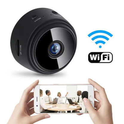 Black mini dome WiFi IP camera with wide-angle lens and indicator LEDs