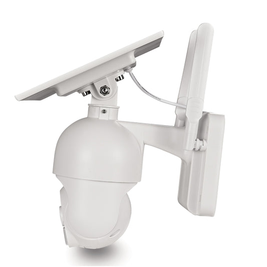 Solar security camera wall mount with white dome housing and side antenna