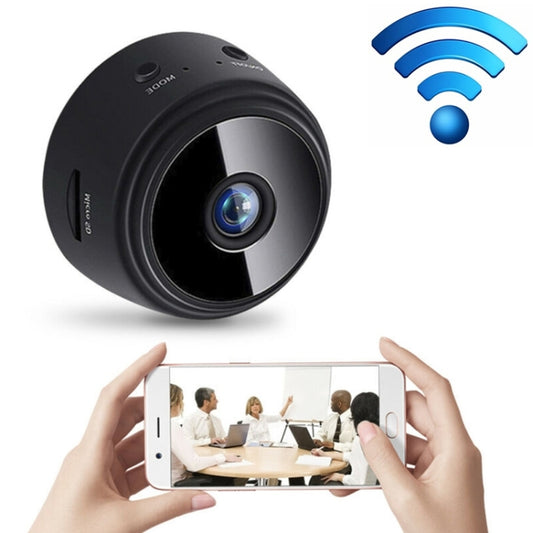 Black wireless security camera with wide-angle lens and Wi-Fi signal icons