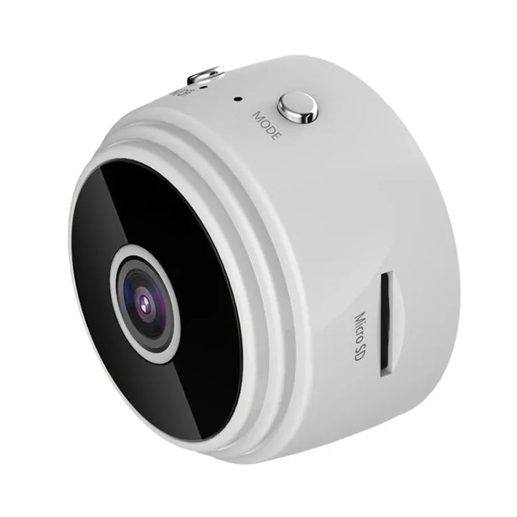 White WiFi security camera with lens, mode button, and mounting slot