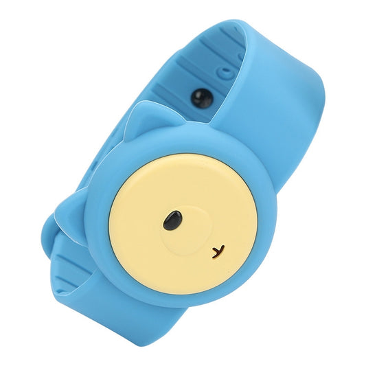 Blue children’s mosquito repellent wristband with a smiling round face