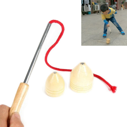 Children’s wooden spinning whipping top set with metal rod, red string, and 2 cone tops