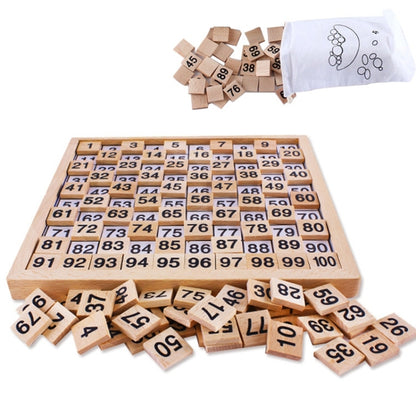 Wooden Montessori math counting board with 1–100 numbered tiles and storage bag