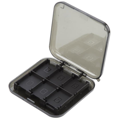 Transparent-lid memory card holder case with black 12-slot tray, open