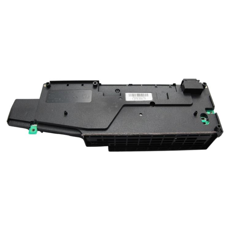Black power supply housing with rear connectors, screws, and label plate