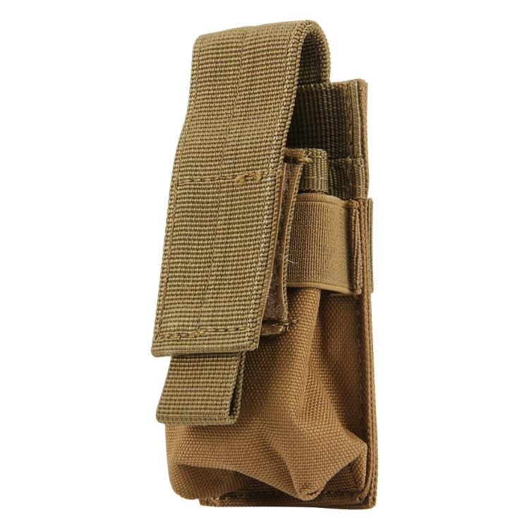Tan mini flashlight protective pouch with stitched flap and elastic side holder