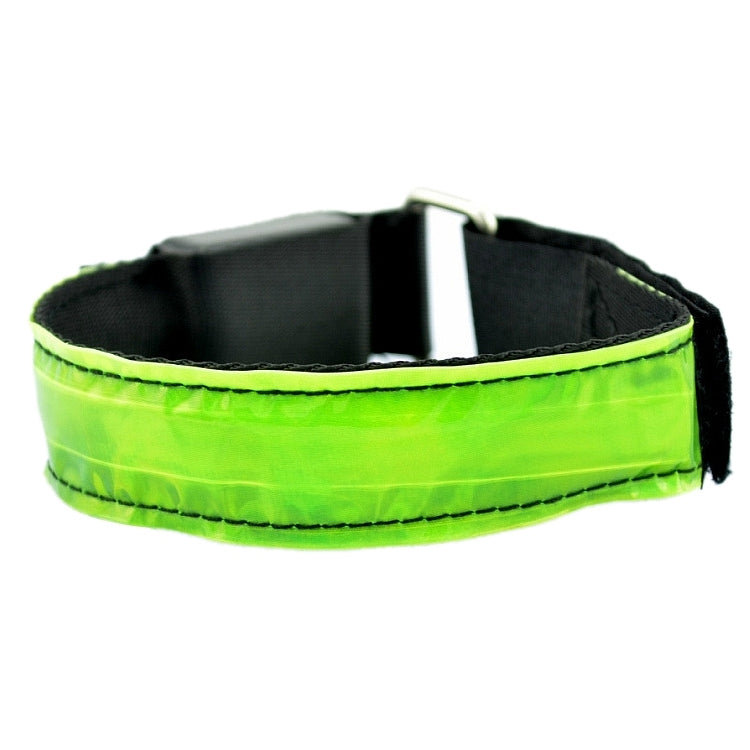Rechargeable LED safety wrist belt, neon green strap with black interior and buckle