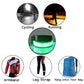 Rechargeable LED safety wrist belt with green light, shown with use-case icons