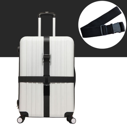 Black elastic luggage packing strap with adjustable buckle on suitcase