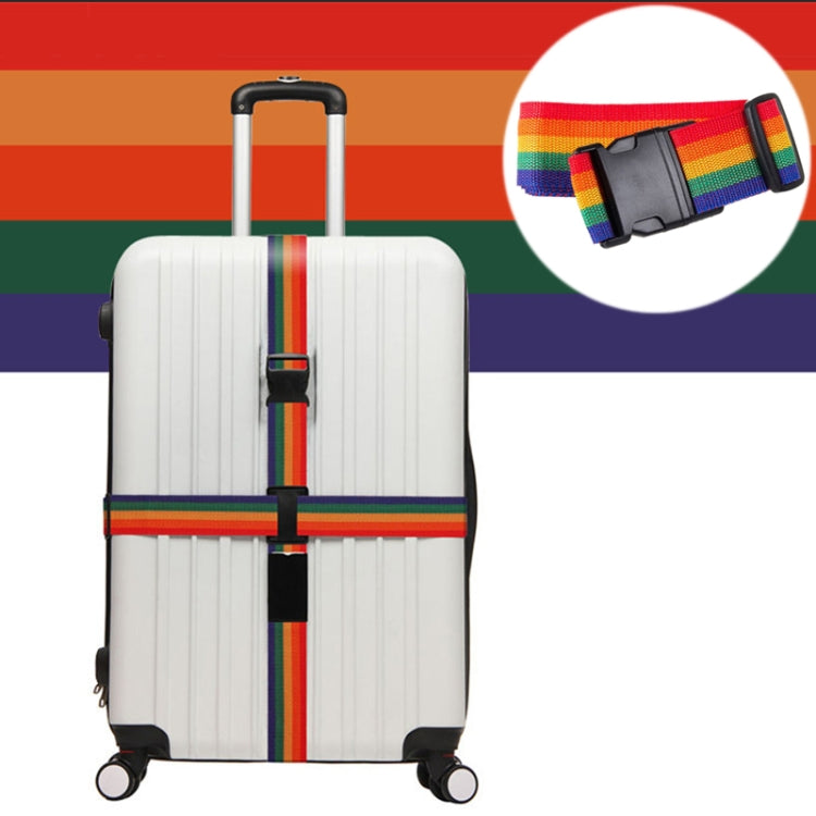 Rainbow luggage packing strap with adjustable buckle on white suitcase