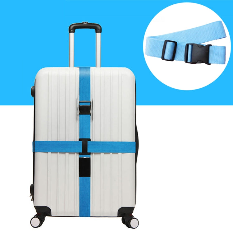 Elastic luggage packing belt with blue cross straps on striped suitcase