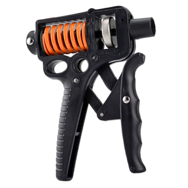 Black adjustable hand grip trainer with orange coil spring and finger handles