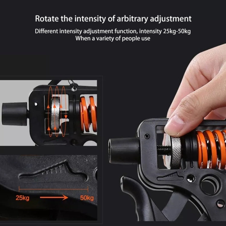 Adjustable hand grip trainer with finger adjustment area and orange spring coil