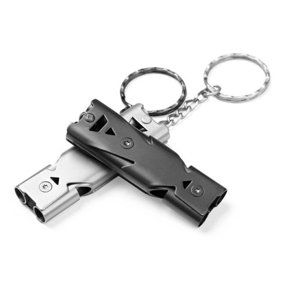 Stainless steel survival whistle keychain with double tubes, black and silver body
