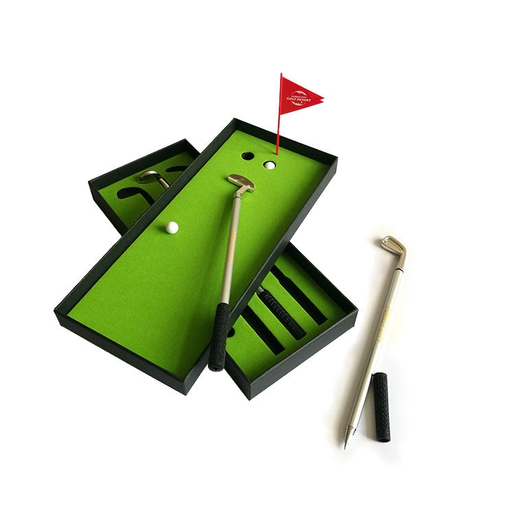 Stacked mini putting mat trainer with green play surface, putter rod and ball targets