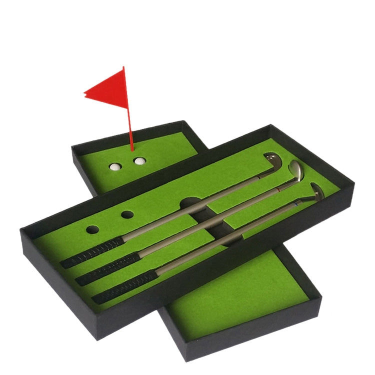 Mini golf putting mat trainer kit with three rods, green lanes, and red flag
