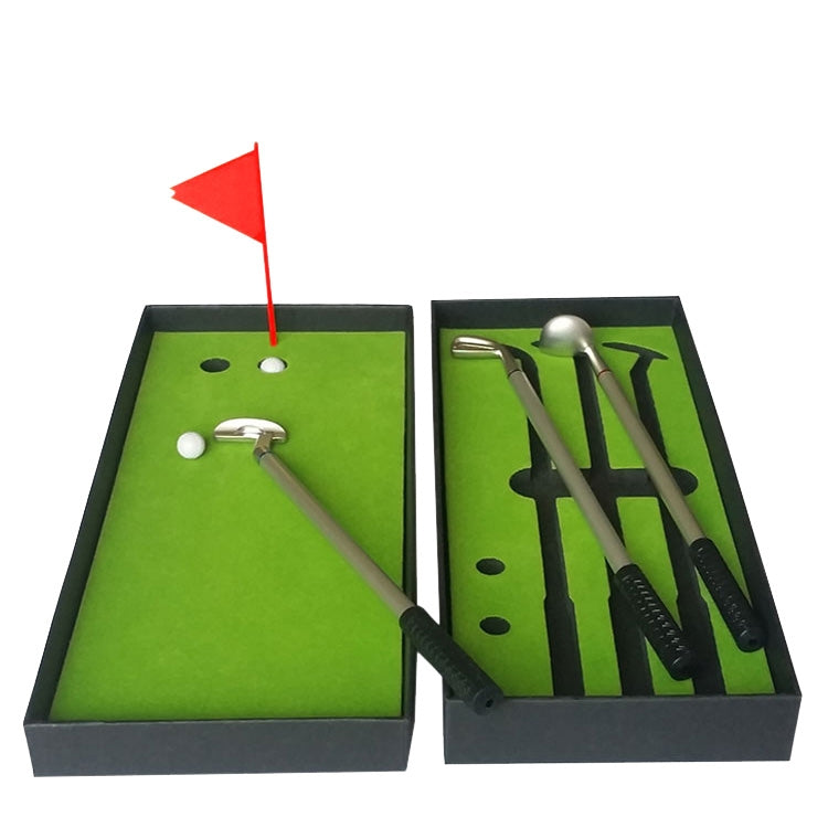 Mini putting mat trainer kit, green surfaces and putter rods with red alignment flag
