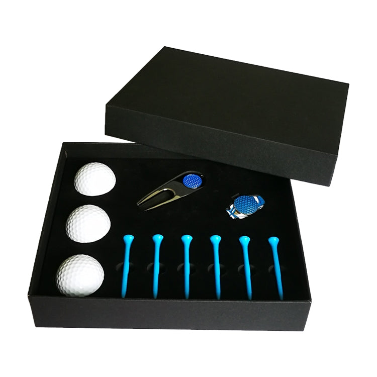 Golf tee gift box set with 3 white balls, blue tees, divot tool, and ball marker in open box