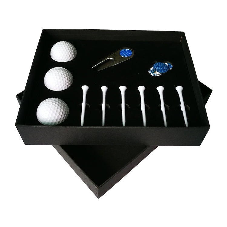 Golf tee gift box set with 3 white balls, white tees, divot tool, and ball marker
