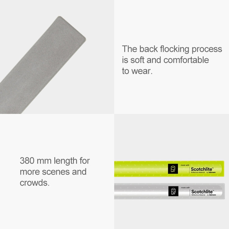 Reflective wristbands with grey fabric backing; neon yellow and silver ends