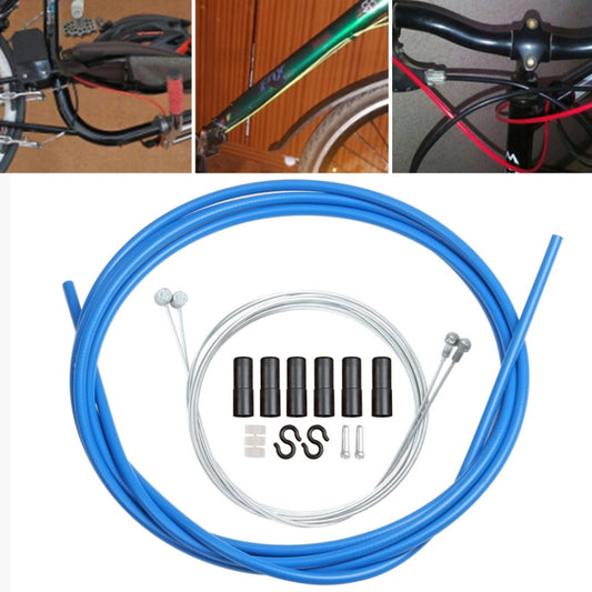 Blue bicycle brake cable set with inner cables, end caps, and connectors; installation examples above