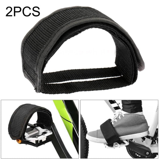 Bicycle pedal anti-slip strap bands, black 2-pack, curved band with white stitching.