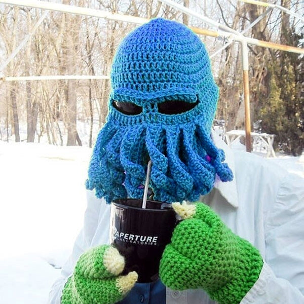 Blue octopus knit beanie with face mask and hanging tentacles