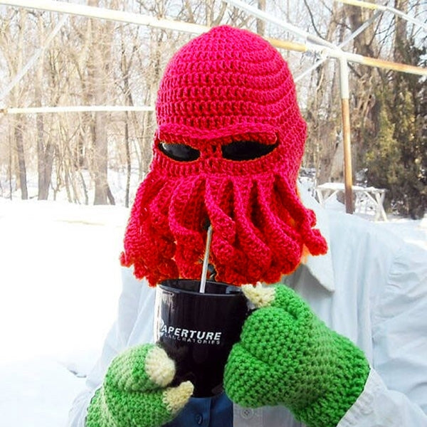 Red octopus knit beanie with face mask and long curled tentacle fringe