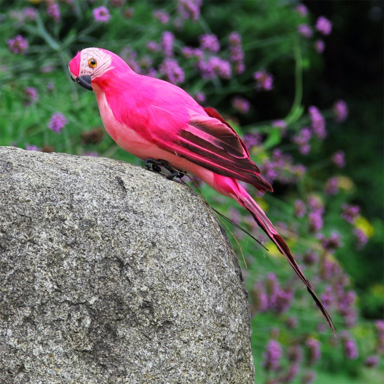 25cm simulation parrot garden decoration, pink and black wings, perched on a rock