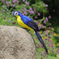 Blue and yellow simulated parrot ornament perched on a gray stone